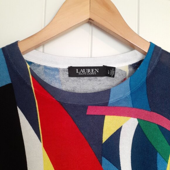 LRL Geometric Multi-Color Crewneck Sweater Cotton Viscose Blue Green Red Size L - Picture 4 of 12